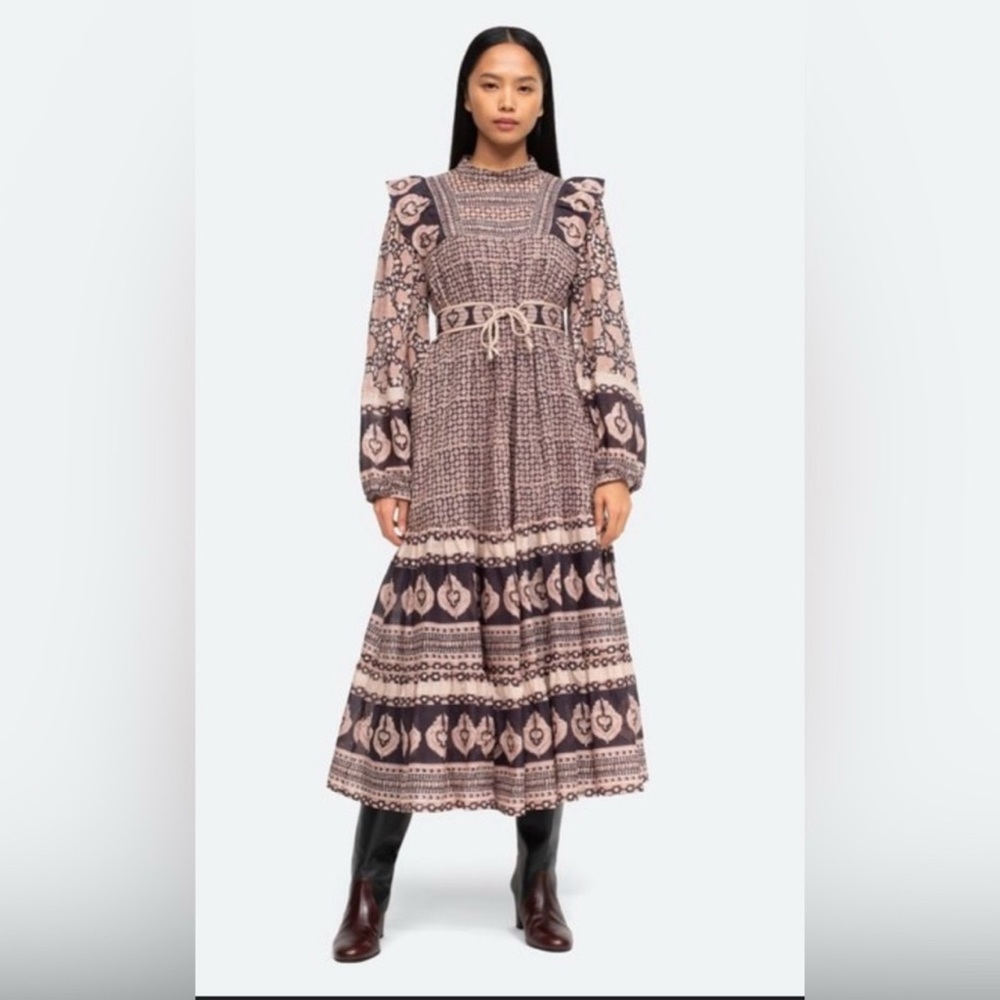 Sea NY margo border lilac long sleeved belted dress